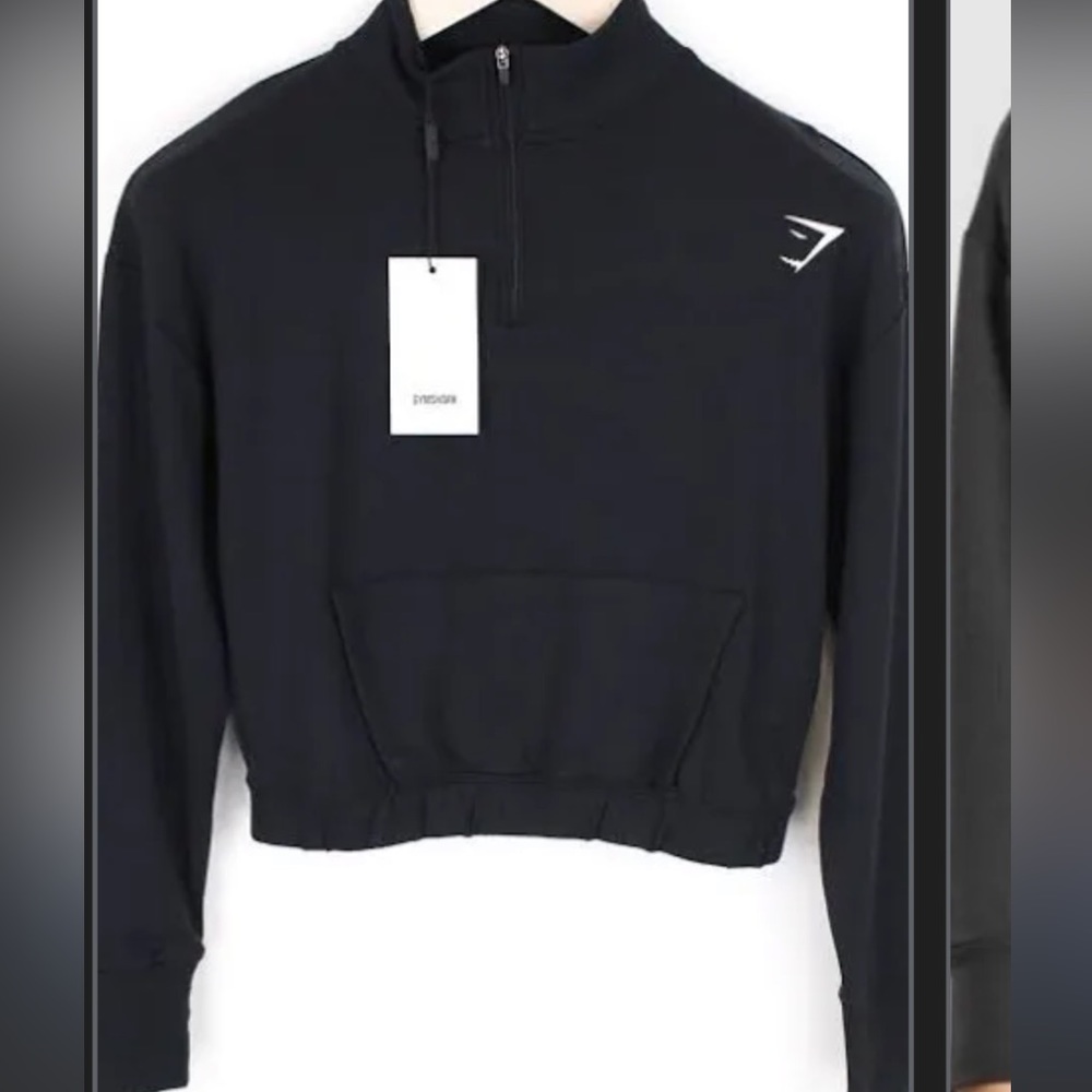 GYMSHARK Women Sweatshirt Pipa S Black Logo Half-Zip Long Sleeve Crop Activewear